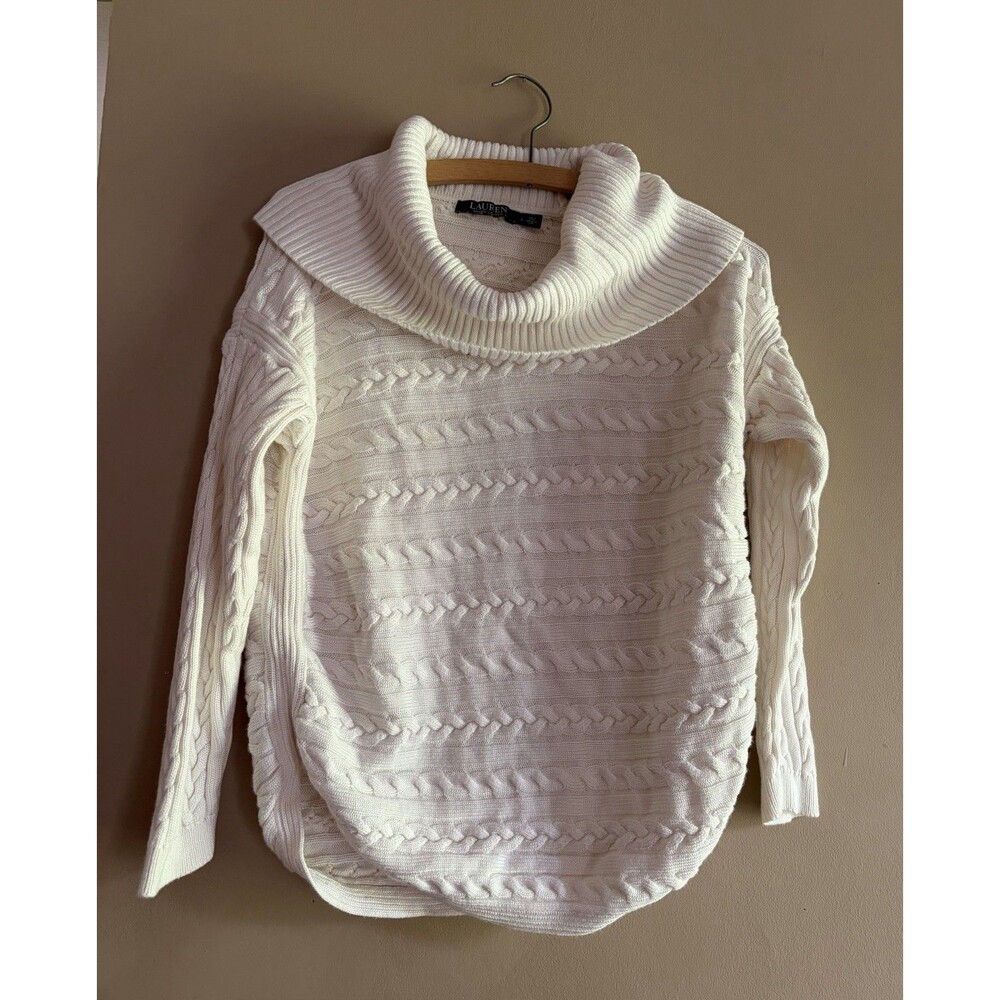 Lauren Ralph‎ Lauren Women's Cable Knit Cream Sweater Cowl Neck Split Hem Size L